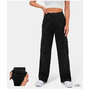 Halara Flex Mid Rise Cargo Jeans Sz XL Womens Black Multi Pocket Straight Leg St